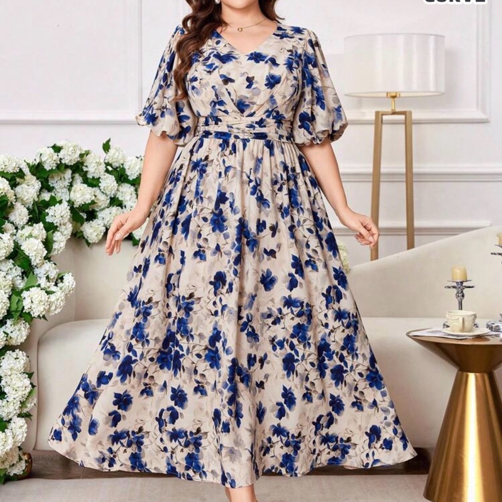 SHEIN Blue and Cream Floral Midi Dress